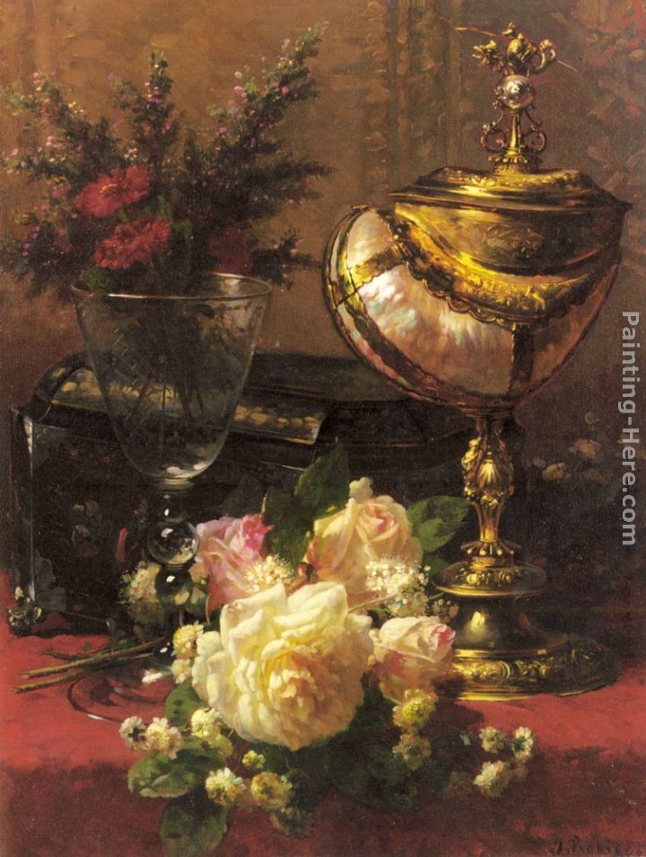 Jean-Baptiste Robie A Bouquet of Roses and other Flowers in a Glass Goblet with a Chinese Lacquer Box and a Nautilus Cup on a red Velvet draped Table